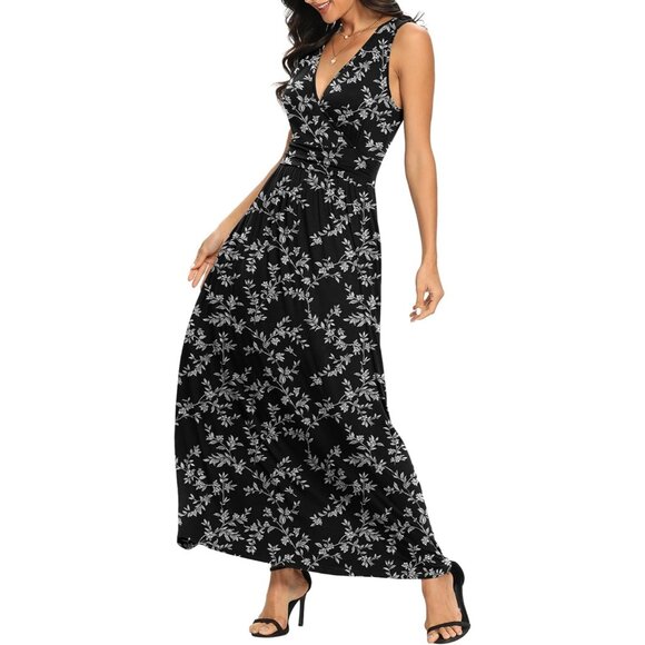 Women Black Leaves Deep V Neck Sleeveless Loose Plain Long Maxi Stretchy Dress - Picture 4 of 6